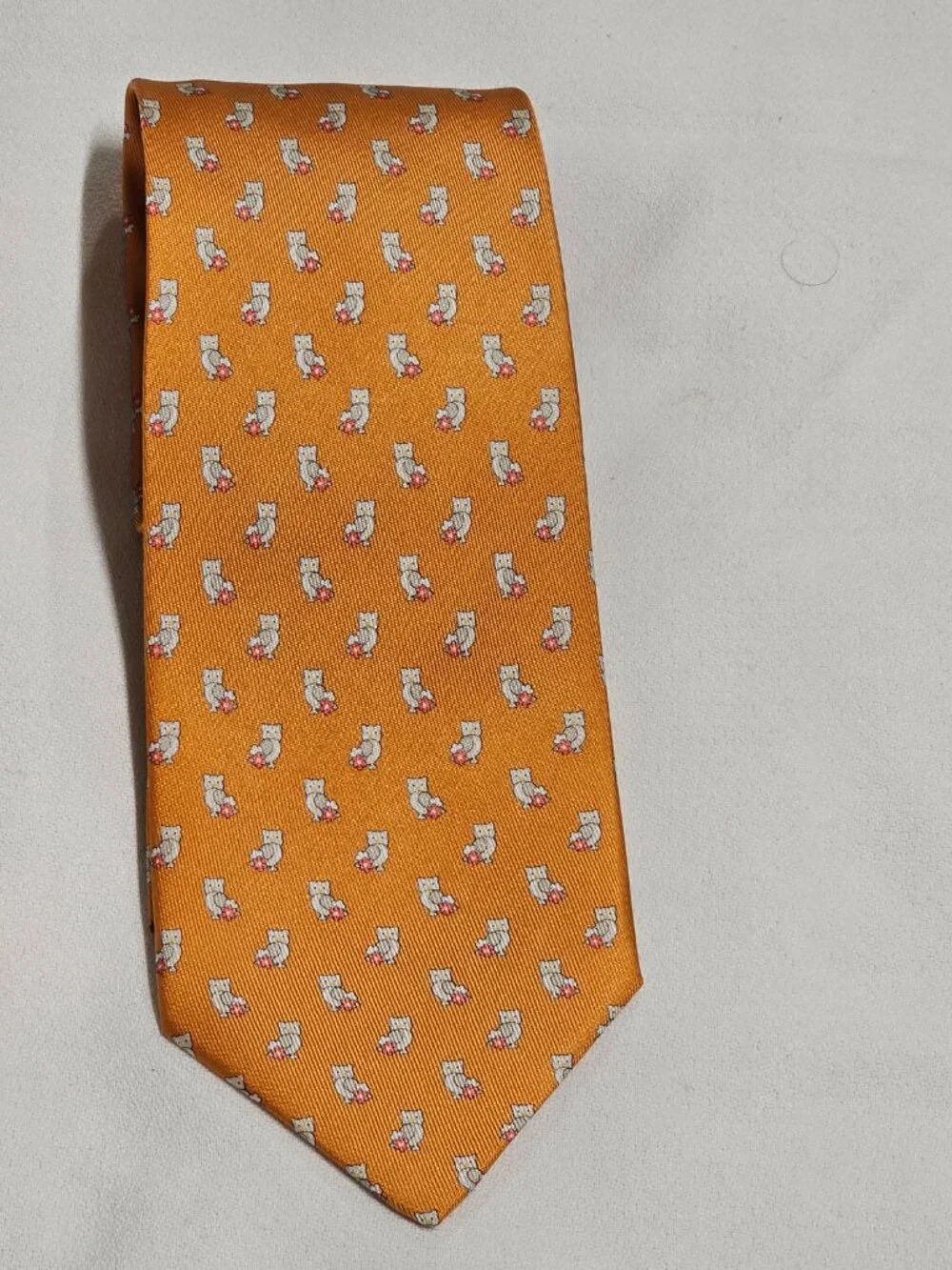 Salvatore Ferragamo Owl Print Men's Silk Tie Orange Background